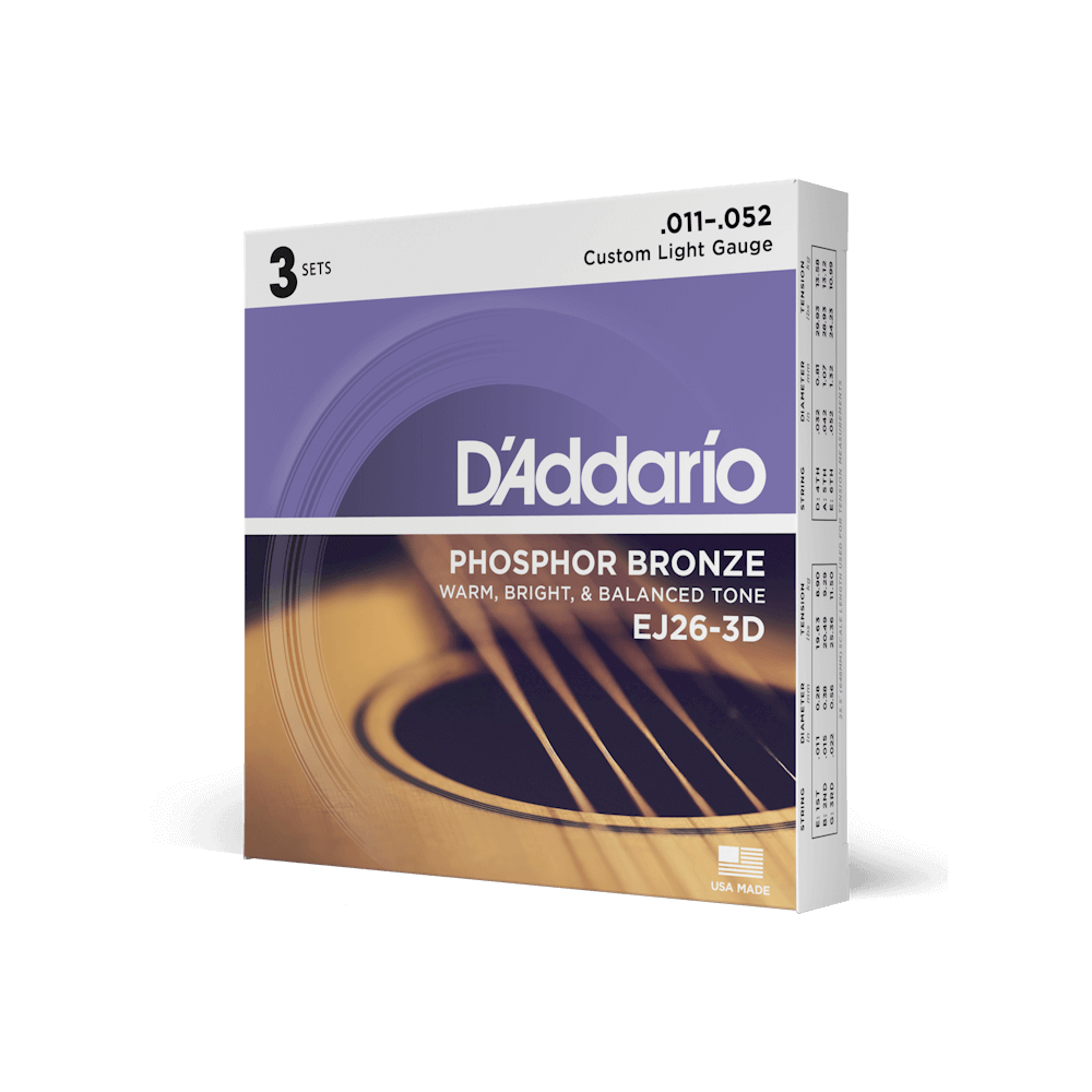 D'Addario EJ26-3D 3 sets of .011-.052 Phosphor Bronze Acoustic Guitar Strings